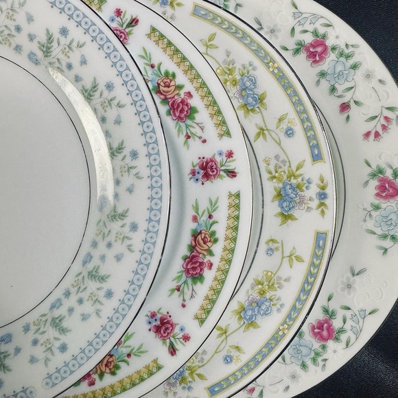 Multiples Other - 4 Vtg Mismatched China SALAD Luncheon Plates Plate Set Mixed Floral Blue Gold